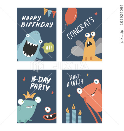 Birthday cards set with Cute monsters. Cartoon monsters collection. Vector illustration 103924094