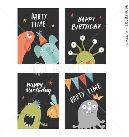 Birthday cards set with Cute monsters. Cartoon monsters collection. Vector illustration 103924096