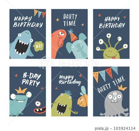 Birthday cards set with Cute monsters. Cartoon monsters collection. Vector illustration 103924114