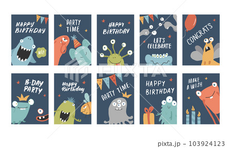 Birthday cards set with Cute monsters. Cartoon monsters collection. Vector illustration Birthday cards set with Cute monsters. Cartoon monsters collection. Vector illustration 103924123
