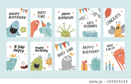 Birthday cards set with Cute monsters. Cartoon monsters collection. Vector illustration Birthday cards set with Cute monsters. Cartoon monsters collection. Vector illustration 103924124