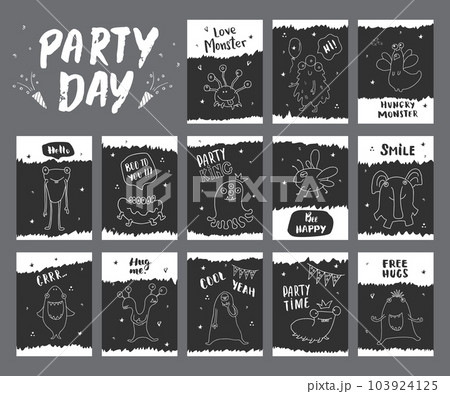 Cute monsters cards set. Cartoon monsters collection. Vector illustration Cute monsters cards set. Cartoon monsters collection. Vector illustration 103924125