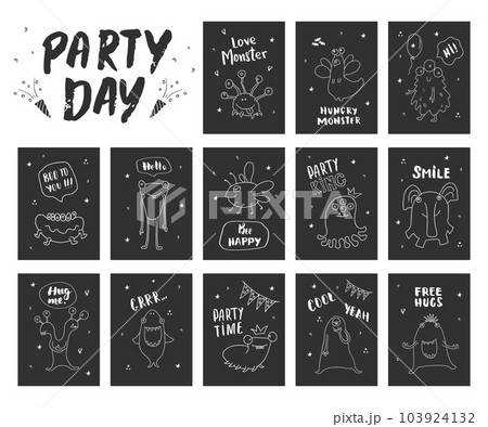 Cute monsters cards set. Cartoon monsters collection. Vector illustration Cute monsters cards set. Cartoon monsters collection. Vector illustration 103924132