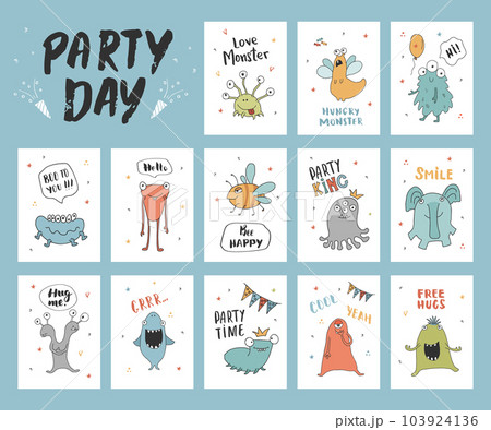 Cute monsters cards set. Cartoon monsters collection. Vector illustration 103924136