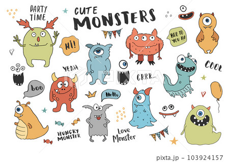 Cute monsters set. Cartoon monsters collection. Vector illustration 103924157
