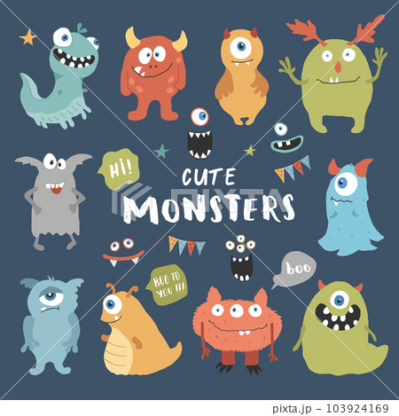 Cute monsters set. Cartoon monsters collection. Vector illustration 103924169