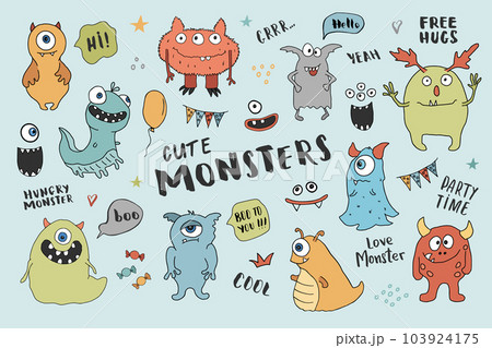 Cute monsters set. Cartoon monsters collection. Vector illustration 103924175