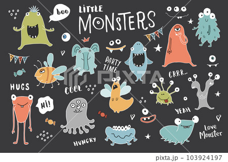 Cute monsters set. Cartoon monsters collection. Vector illustration Cute monsters set. Cartoon monsters collection. Vector illustration 103924197