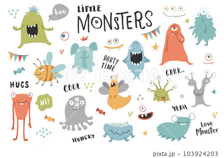 Cute monsters set. Cartoon monsters collection. Vector illustration 103924203