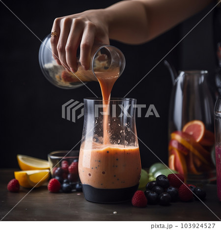 Woman's hand pours an appetizing pink berry smoothie into glass, close-up, concept of healthy wholesome diet 103924527