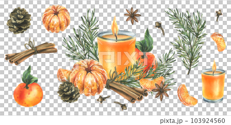 Christmas decor with tangerines, candle, sweets and pine branches. Watercolor illustration, hand drawn. For congratulations and holiday. A set isolated objectss on a white background Christmas decor with tangerines, candle, sweets and pine branches. Watercolor illustration, hand drawn. For congratulations and holiday. A set isolated objectss on a white background 103924560