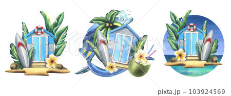 Wooden beach cabin with surfboard, tropical monstera leaves, frangipani flowers and cocktail in coconut. Watercolor illustration, hand drawn. A set Isolated compositions on a white background. 103924569