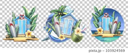 Wooden beach cabin with surfboard, tropical monstera leaves, frangipani flowers and cocktail in coconut. Watercolor illustration, hand drawn. A set Isolated compositions on a white background. Wooden beach cabin with surfboard, tropical monstera leaves, frangipani flowers and cocktail in coconut. Watercolor illustration, hand drawn. A set Isolated compositions on a white background. 103924569