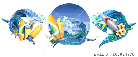 A sea wave with surfboards and a starfish, flowers. Watercolor illustration hand drawn. A set isolated compositions on a white background. A sea wave with surfboards and a starfish, flowers. Watercolor illustration hand drawn. A set isolated compositions on a white background. 103924570