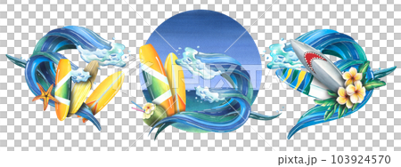 A sea wave with surfboards and a starfish, flowers. Watercolor illustration hand drawn. A set isolated compositions on a white background. A sea wave with surfboards and a starfish, flowers. Watercolor illustration hand drawn. A set isolated compositions on a white background. 103924570