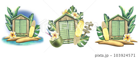 Wooden beach cabin with surfboard, tropical palm leaves, frangipani flowers and cocktail in coconut. Watercolor illustration, hand drawn. A set Isolated compositions on a white background. 103924571