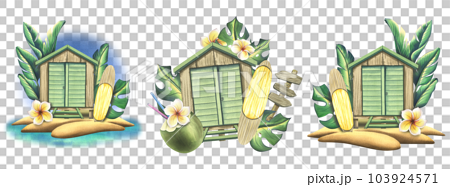 Wooden beach cabin with surfboard, tropical palm leaves, frangipani flowers and cocktail in coconut. Watercolor illustration, hand drawn. A set Isolated compositions on a white background. 103924571