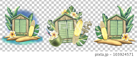 Wooden beach cabin with surfboard, tropical palm leaves, frangipani flowers and cocktail in coconut. Watercolor illustration, hand drawn. A set Isolated compositions on a white background. 103924571