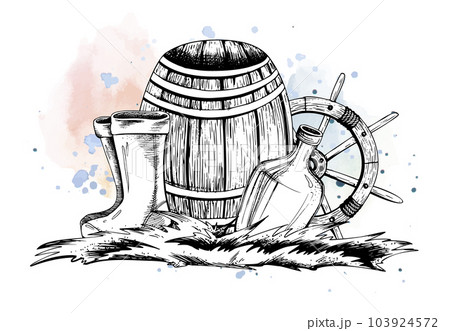 Wooden barrel with a ship's wheel, on the grass with a bottle of rum and rubber boots. EPS hand drawn black and white vector graphic illustration. Isolated composition on a white background 103924572