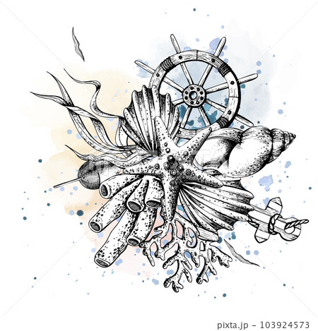 Marine animals with anchor, rudder and lifebuoy. Illustration of hand drawn graphics, vector in EPS format. Composition isolated on white background. 103924573