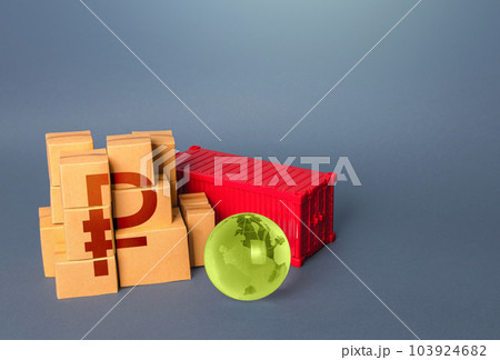Boxes of goods and russian ruble symbol. Production, warehousing storage and shipping logistics. Manufacture freight and sale of products. Markets. Business globalization. World trade economy. Boxes of goods and russian ruble symbol. Production, warehousing storage and shipping logistics. Manufacture freight and sale of products. Markets. Business globalization. World trade economy. 103924682