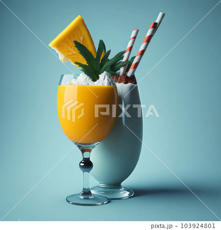 Realistic pina colada cocktail with cream, fresh fruit and mint Realistic pina colada cocktail with cream, fresh fruit and mint 103924801