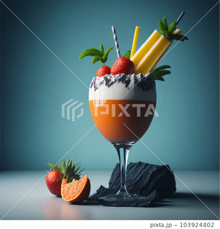 Realistic pina colada cocktail with cream, fresh fruit and mint Realistic pina colada cocktail with cream, fresh fruit and mint 103924802