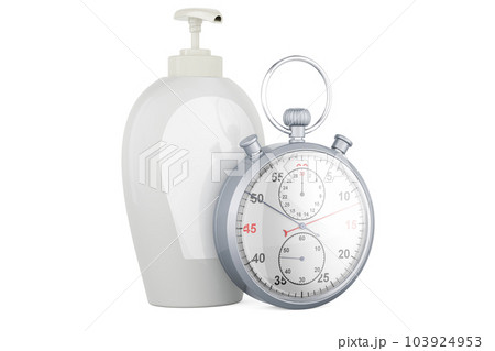 Soap bottle dispenser with stopwatch, 3D rendering Soap bottle dispenser with stopwatch, 3D rendering 103924953