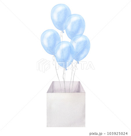 Blue balloons in box boy kids birthday surprise. Hand drawn watercolor illustration isolated on white background. For gender reveal party, baby shower, children's design, newborn products Blue balloons in box boy kids birthday surprise. Hand drawn watercolor illustration isolated on white background. For gender reveal party, baby shower, children's design, newborn products 103925024