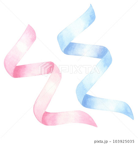 Spiral satin ribbons blue, pink. Boy or girl. Confetti. Hand drawn watercolor illustration isolated on white background. For gender reveal party, baby shower, children's design 103925035