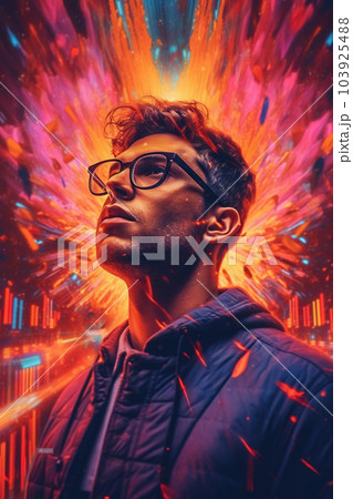 Man with glasses portrait - magical colored lights, generative AI, AI generated 103925488
