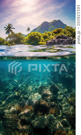 Tropical island above and underwater - generative AI, AI generated Tropical island above and underwater - generative AI, AI generated 103925505