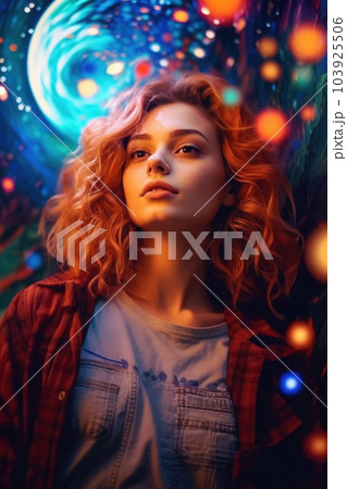 Woman portrait with magical colored lights, generative AI, AI generated Woman portrait with magical colored lights, generative AI, AI generated 103925506