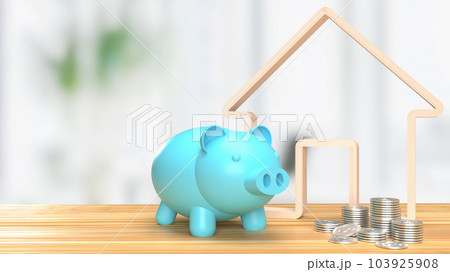 The Blue piggy bank and wood home icon 3d rendering 103925908