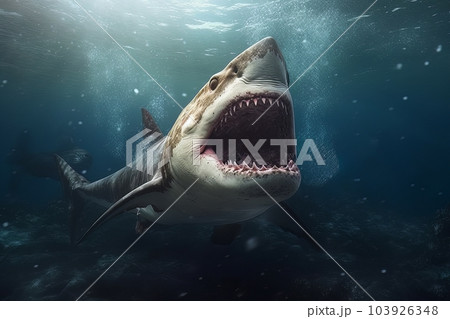 Model of a dangerous predatory white shark with open mouth underwater AI Model of a dangerous predatory white shark with open mouth underwater AI 103926348