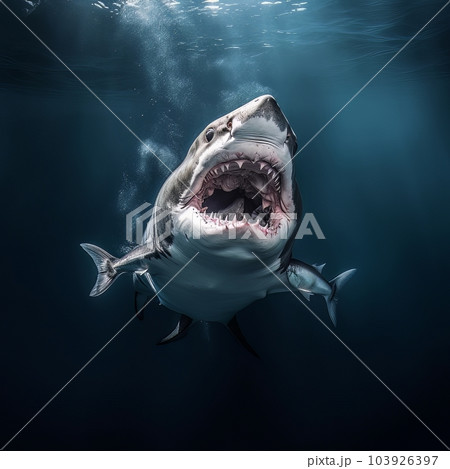 Model of a dangerous predatory white shark with open mouth underwater AI Model of a dangerous predatory white shark with open mouth underwater AI 103926397