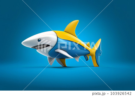 Cartoon 3D image of a shark on a blue background isolated AI 103926542