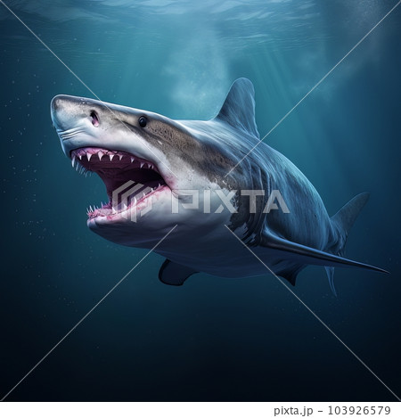 Model of a dangerous predatory white shark with open mouth underwater AI 103926579