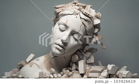 Damaged statue of young woman, head of broken female sculpture, generative AI. 103926619