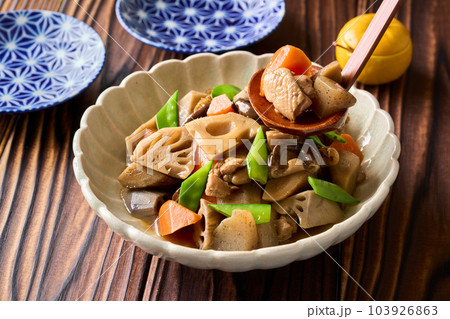 器に盛り付けた筑前煮 器に盛り付けた筑前煮 103926863