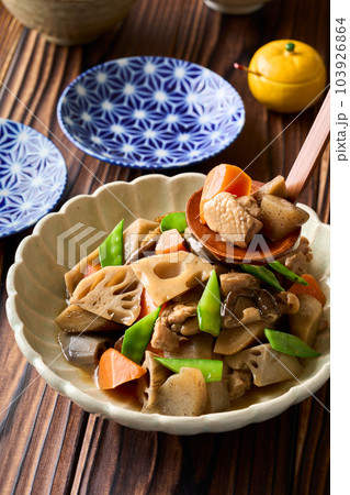 器に盛り付けた筑前煮 器に盛り付けた筑前煮 103926864