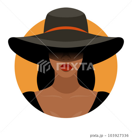 Vector Background. Beautiful Young African American Black Woman with Black Hair, Closed Face with Big Hat, Wide Margins Covering Her Face, Flat Style. Solidarity People, Womens Rights Concept 103927336