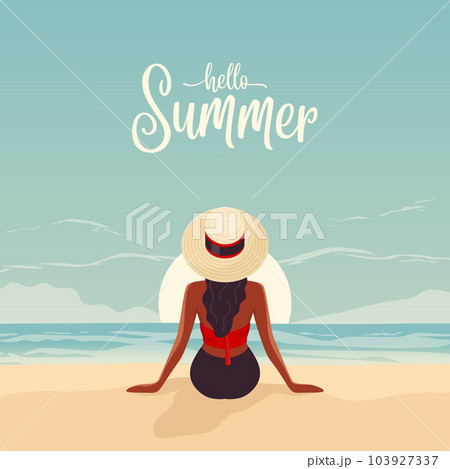 Vector Flat Young Woman in a Hat Sitting at Sunset on the Beach, Enjoying the Resort, Relaxing on Seaside Sand Beach in Summer Season, Back View. Hello Summer Concept. Ocean Scenic View Background 103927337