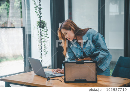 Female programmer working on coding, software development and web design.Concept technology development. Female programmer working on coding, software development and web design.Concept technology development. 103927719