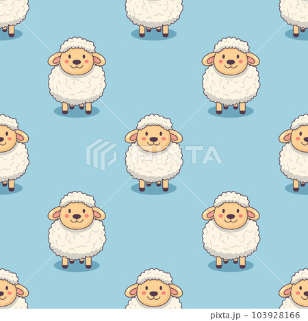 Vector Seamless Pattern with Funny Cute Sheep on Blue Background. Cartoon Sheep Seamless Texture, Textile, Wallpaper Design for Kids. Seamless Texture with Standing Sheep on Blue 103928166