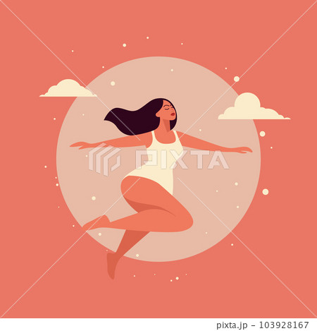 Vector Flying, Soaring Happy Woman in a Jump on Pink Background. Attractive Beautiful Girl. Lightness, Womens Health, Womens Happiness, Feminine Menstrual Cycle, Menstruation, Hygiene Concept Banner 103928167