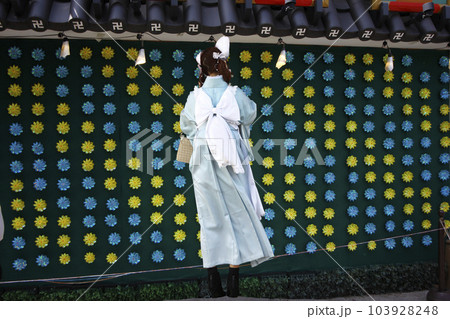 コスプレの女性の可愛いらしい後ろ姿。インスタ映えの黄色とブルーの風車の壁で写真を撮って皆にアピール 103928248