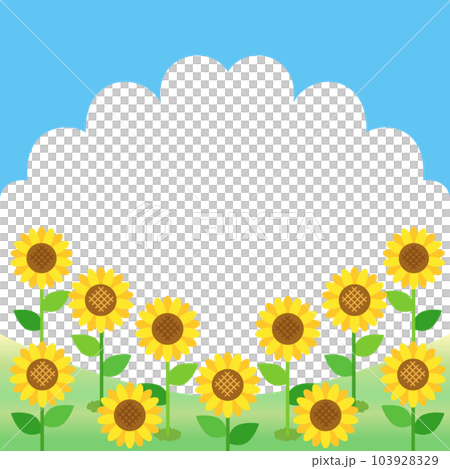 An illustration of a summer landscape of sunflowers, blue skies and thunderheads square version 103928329