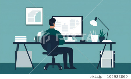 リモートワークをする男性のイラスト リモートワークをする男性のイラスト 103928869