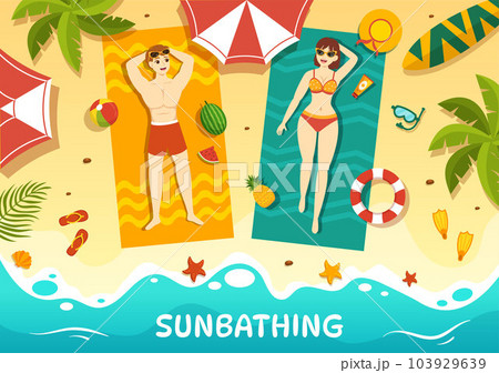 Sunbathing Vector Illustration of People Lying on Chaise Lounge and Relaxing on Beach Summer Holidays in Flat Cartoon Hand Drawn Templates 103929639